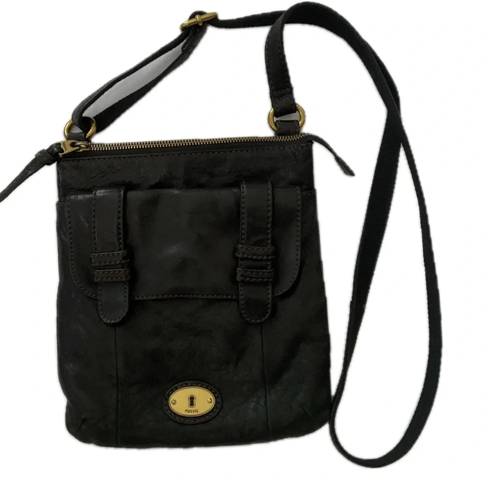 Fossil Black Leather Crossbody with Brass Accent - Picture 1 of 16
